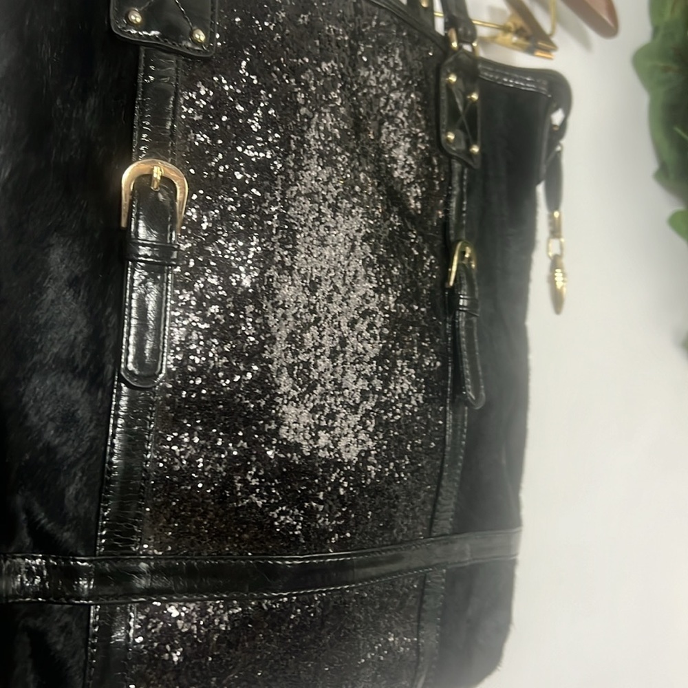 IMAN Faux Fur Glitter Outer Genuine Leather Tote Crossbody tote Bag Black - Picture 6 of 9